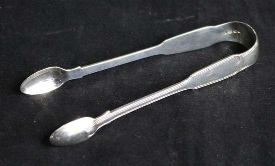 A pair of Victorian silver fiddle and thread pattern sugar tongs by William Eaton, London, 1844.